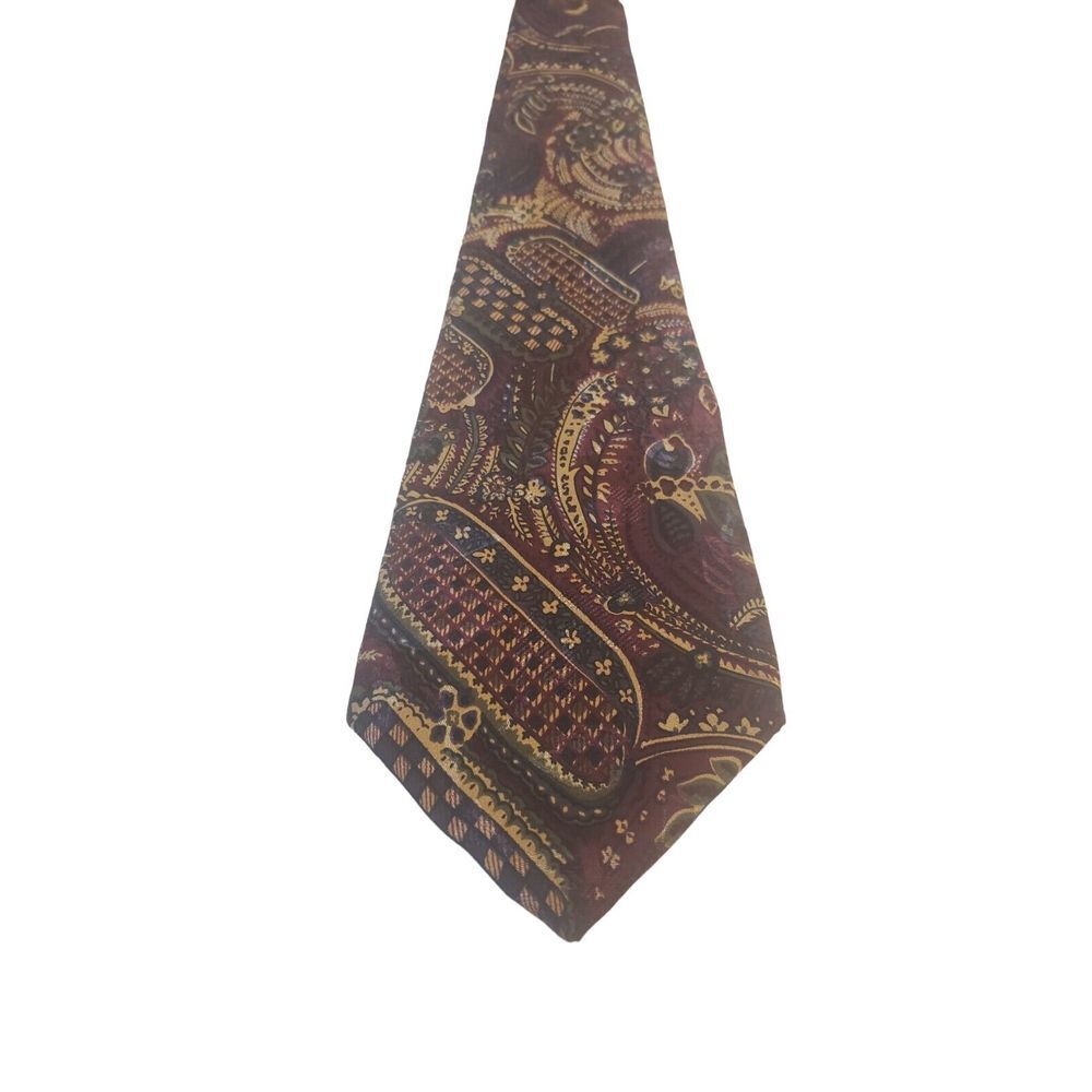 Vintage Wembly silk tie Burgundy Green Cream Paisley style print wallpaper